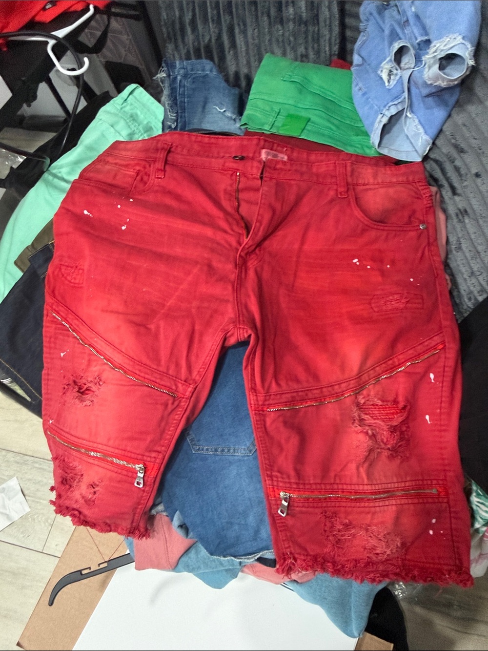 Men's Red Distressed Jean Shorts - Casual Biker Style